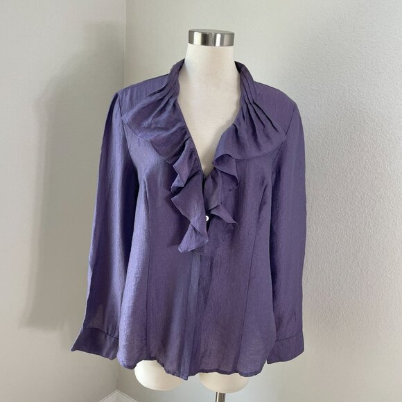 NEW Coldwater Creek Ruffle Front Shimmer Shirt L Purple Misses 14-16 - Picture 1 of 11
